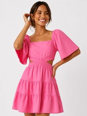 Shy Velvet Pink Cutout Mini Dress Size M Cottagecore Sleeve Dress Barbiecore